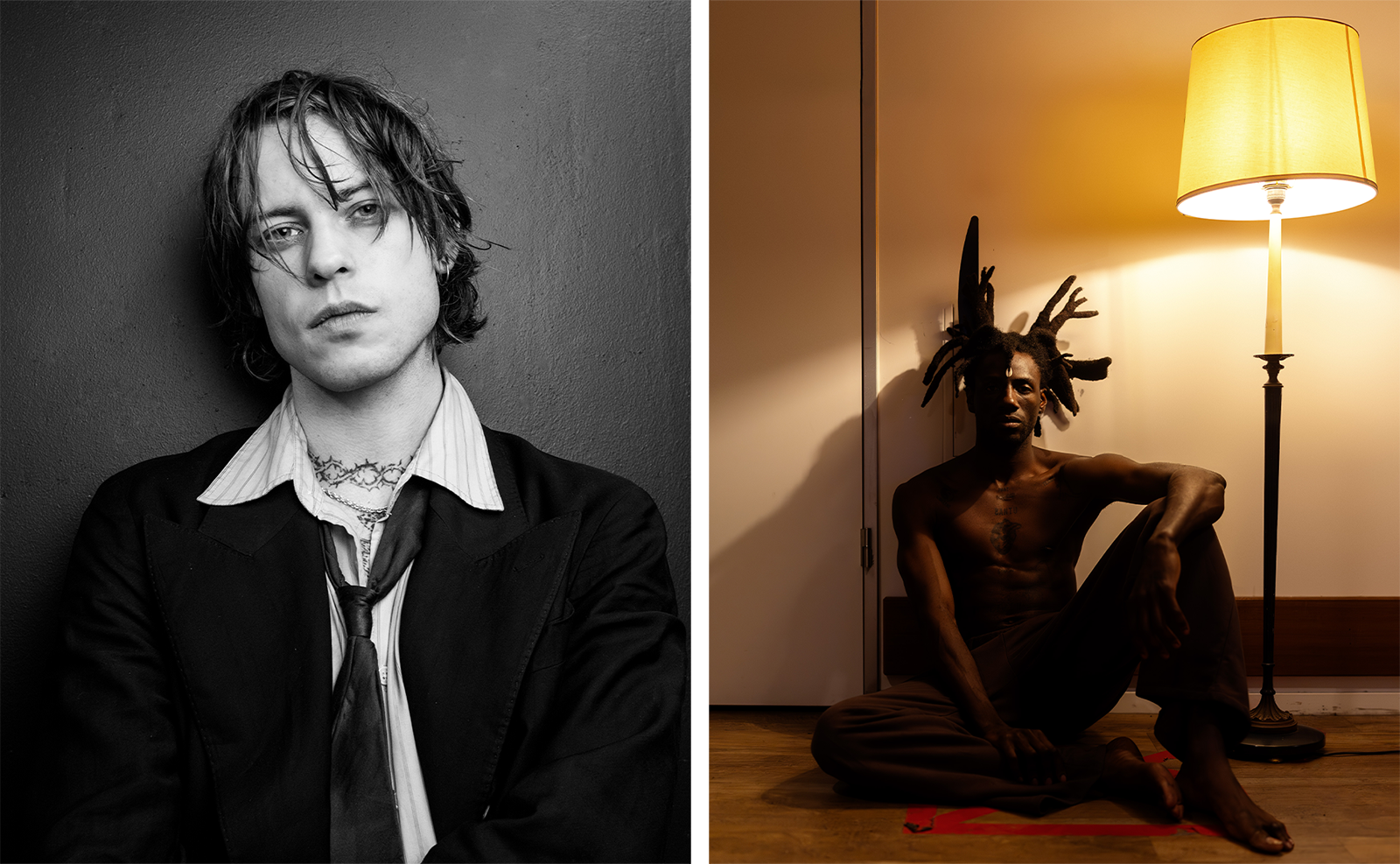 These are two pictures. The first photo is a black-and-white portrait of Elias Rønnenfelt. He is leaning against a dark wall and looking straight into the camera. He is visible from his head to his waist. The second photo is a colour portrait of Natisa Exocé Kasongo. He sits on the ground and leans his back against the wall. To his right is a yellow lamp. The light from the lamp subtly illuminates Natisa.